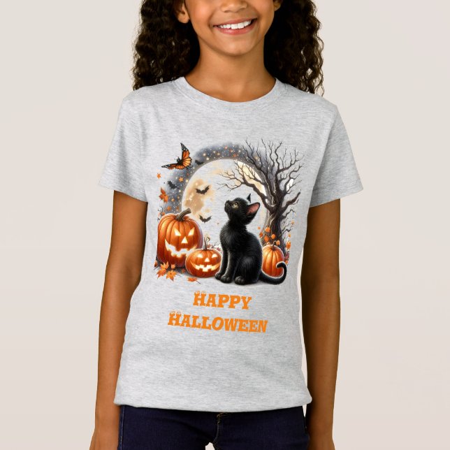 Girls Halloween Black Cat Gray Crewneck T-Shirt (Front)