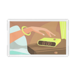 Girls hand pushing on alarm clock snooze button acrylic tray