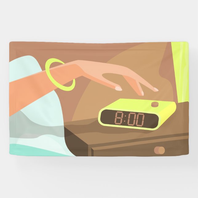 Girls hand pushing on alarm clock snooze button banner (Horizontal)
