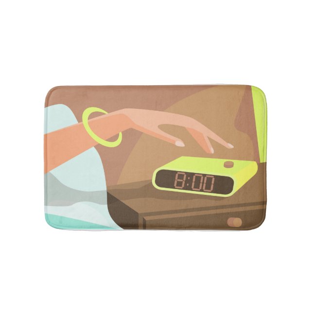 Girls hand pushing on alarm clock snooze button bath mat (Front)