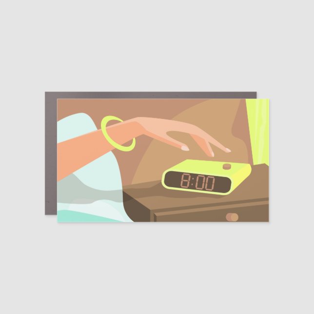 Girls hand pushing on alarm clock snooze button car magnet (Front)