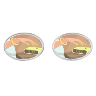 Girls hand pushing on alarm clock snooze button cufflinks