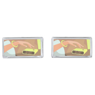Girls hand pushing on alarm clock snooze button cufflinks