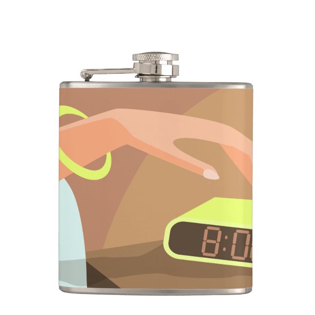 Girls hand pushing on alarm clock snooze button flask (Front)