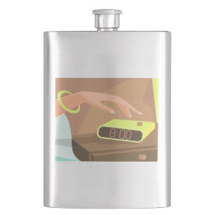 Girls hand pushing on alarm clock snooze button flask