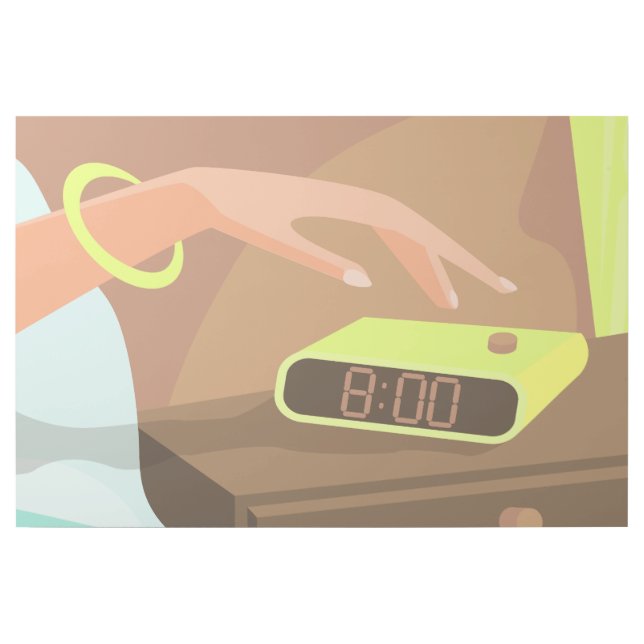 Girls hand pushing on alarm clock snooze button gallery wrap (Front)