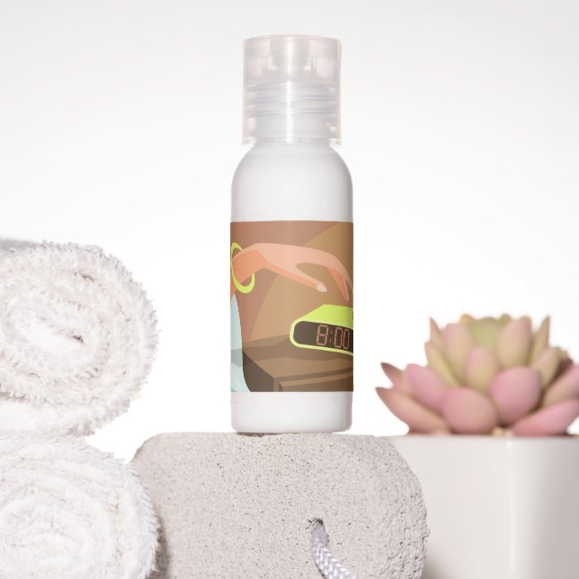 Girls hand pushing on alarm clock snooze button hand lotion (Insitu)