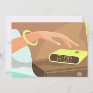 Girls hand pushing on alarm clock snooze button holiday card