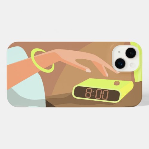 Girls hand pushing on alarm clock snooze button iPhone 14 plus case