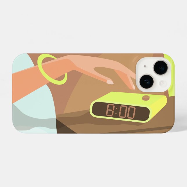 Girls hand pushing on alarm clock snooze button iPhone case (Back Horizontal)
