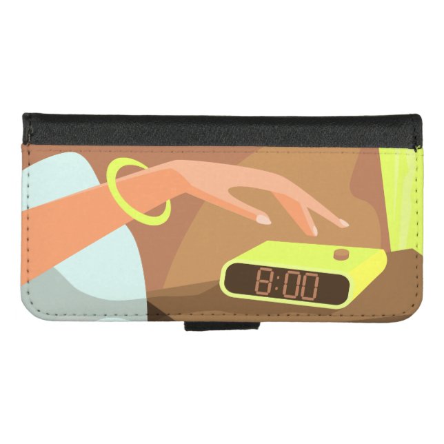 Girls hand pushing on alarm clock snooze button iPhone wallet case (Front (Horizontal))