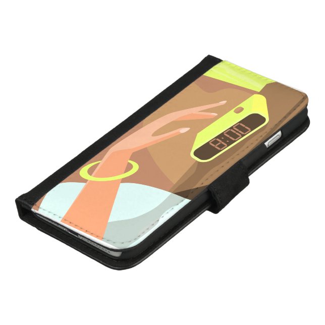 Girls hand pushing on alarm clock snooze button iPhone wallet case (Bottom)