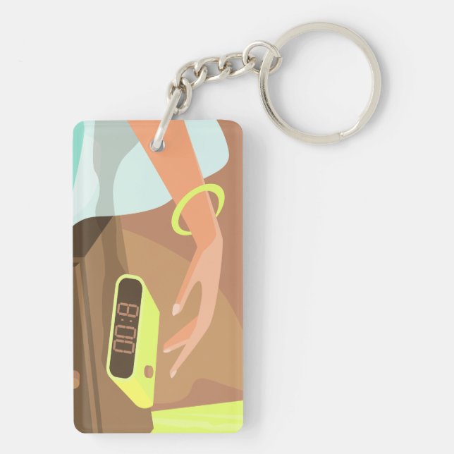 Girls hand pushing on alarm clock snooze button keychain (Back)