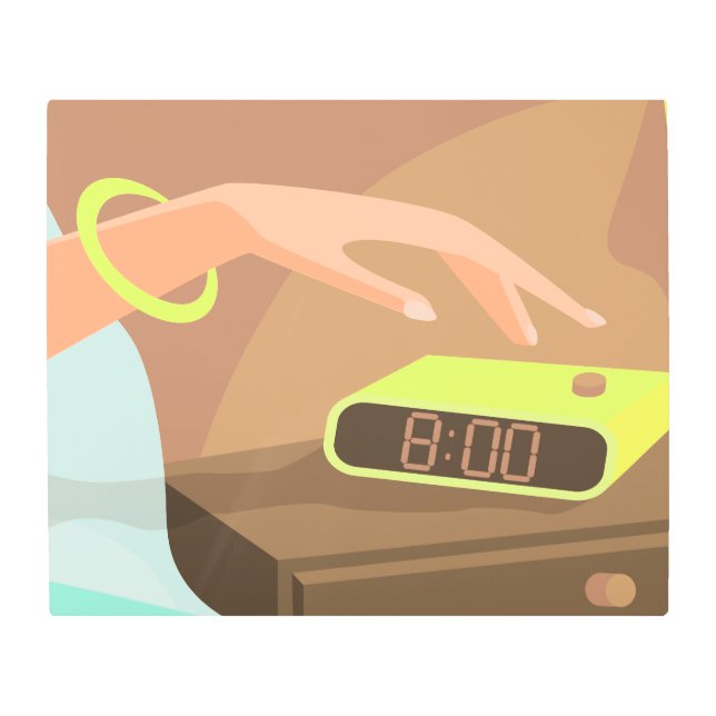 Girls hand pushing on alarm clock snooze button metal print (Front)