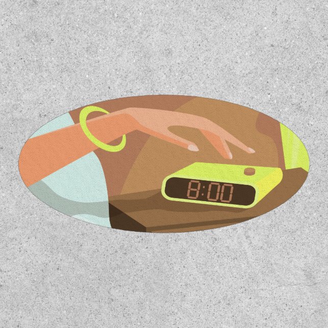 Girls hand pushing on alarm clock snooze button patch (Front)