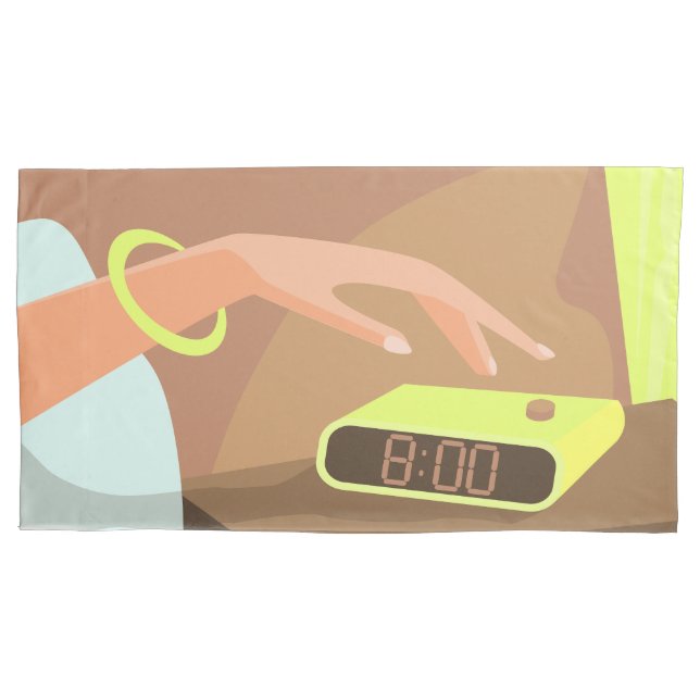 Girls hand pushing on alarm clock snooze button pillow case (Front-Left)