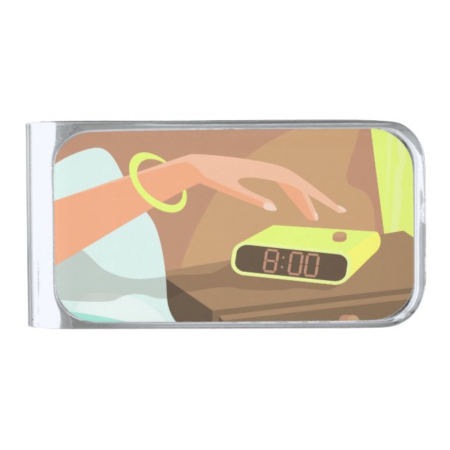 Girls hand pushing on alarm clock snooze button silver finish money clip (Front)