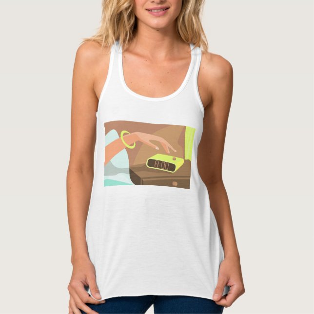 Girls hand pushing on alarm clock snooze button tank top (Front)