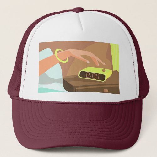 Girls hand pushing on alarm clock snooze button trucker hat