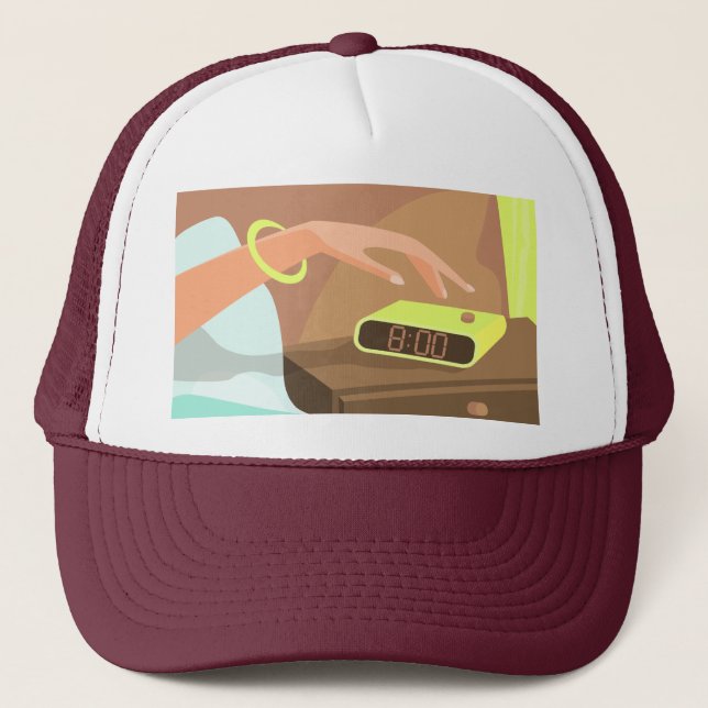 Girls hand pushing on alarm clock snooze button trucker hat (Front)