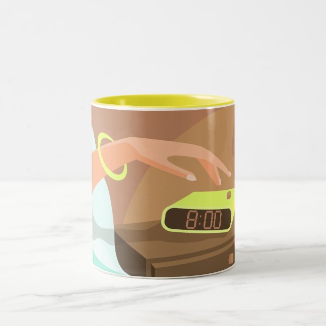 Girls hand pushing on alarm clock snooze button Two-Tone coffee mug (Center)