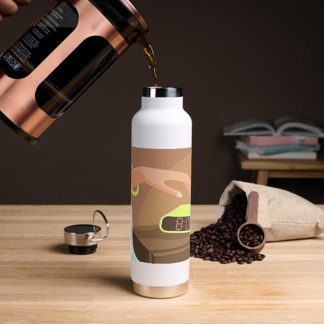 Girls hand pushing on alarm clock snooze button water bottle (Coffee)