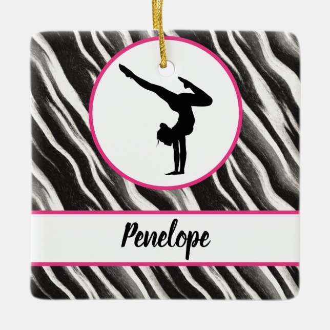 Girls Handstand Zebra Print Faux Fur    Ceramic Ornament (Front)
