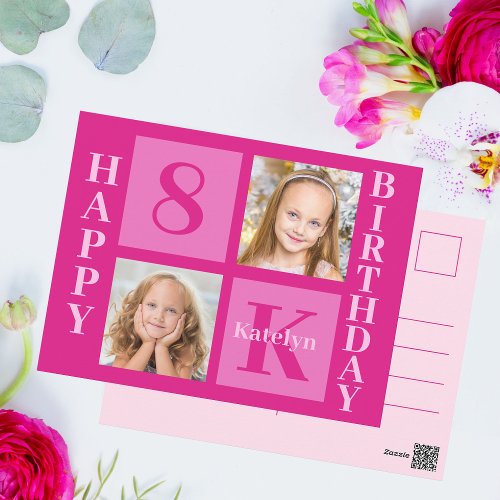 Girls Happy Birthday 2 Photo Hot Pink Custom Postcard