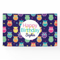 Girls Happy Birthday Blue Owl Pattern Personalized Banner