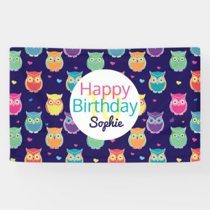 Girls Happy Birthday Blue Owl Pattern Personalized Banner