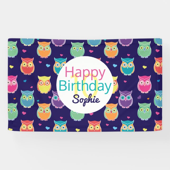 Girls Happy Birthday Blue Owl Pattern Personalized Banner (Horizontal)