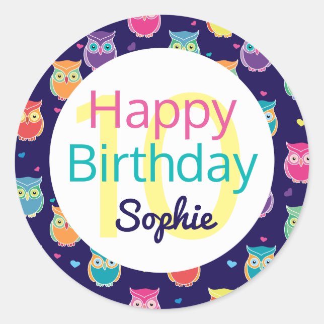 Girls Happy Birthday Blue Owl Pattern Personalized Classic Round Sticker (Front)