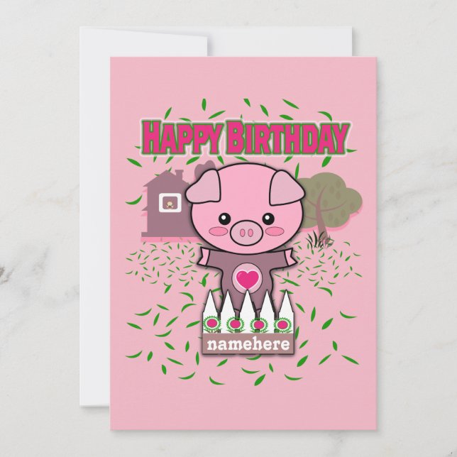Girls Happy Birthday Cute Pig Personalize Name Holiday Card (Front)