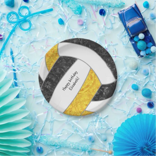 girl's happy birthday party black gold volleyball paper plates Zazzle