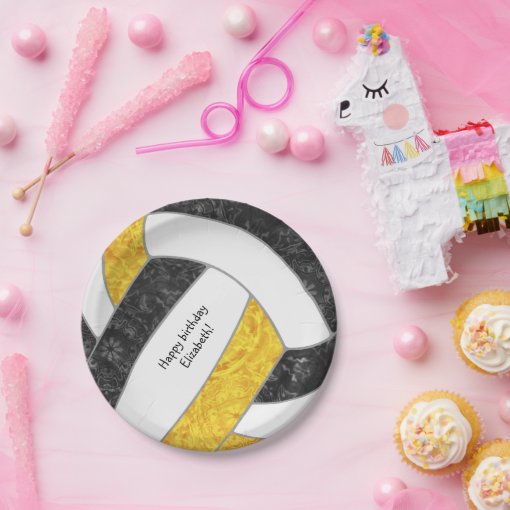 girl's happy birthday party black gold volleyball paper plates Zazzle