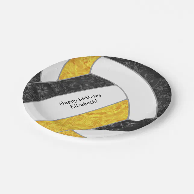 girl's happy birthday party black gold volleyball paper plates Zazzle