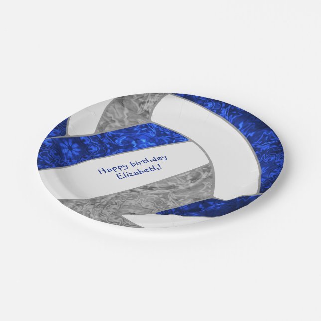 girl's happy birthday party blue gray volleyball paper plates (Angled)