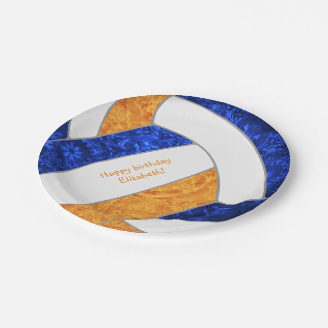girl's happy birthday party blue orange volleyball paper plates (Angled)