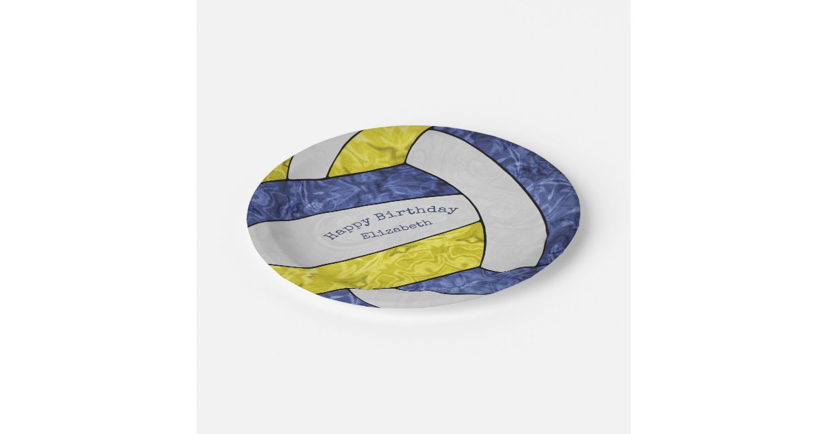girl's happy birthday party blue yellow volleyball paper plates Zazzle