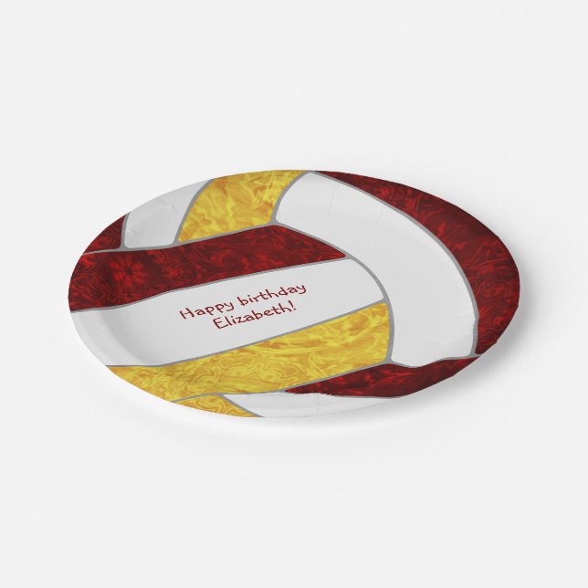 girl's happy birthday party maroon gold volleyball paper plates (Angled)