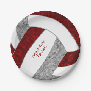 girl's happy birthday party maroon gray volleyball paper plates