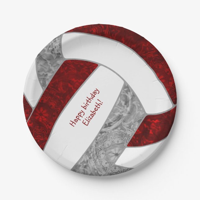 girl's happy birthday party maroon gray volleyball paper plates (Front)