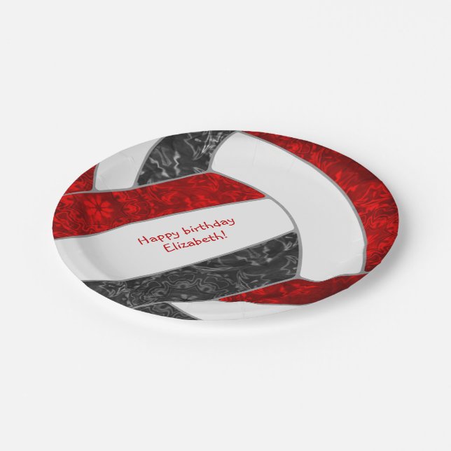 girl's happy birthday party red black volleyball paper plates (Angled)
