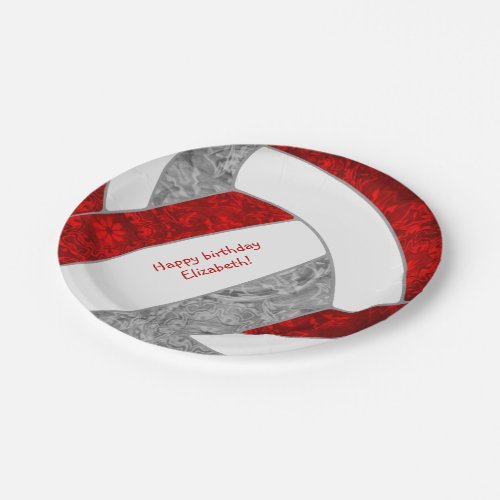 girls happy birthday party red gray volleyball paper plates