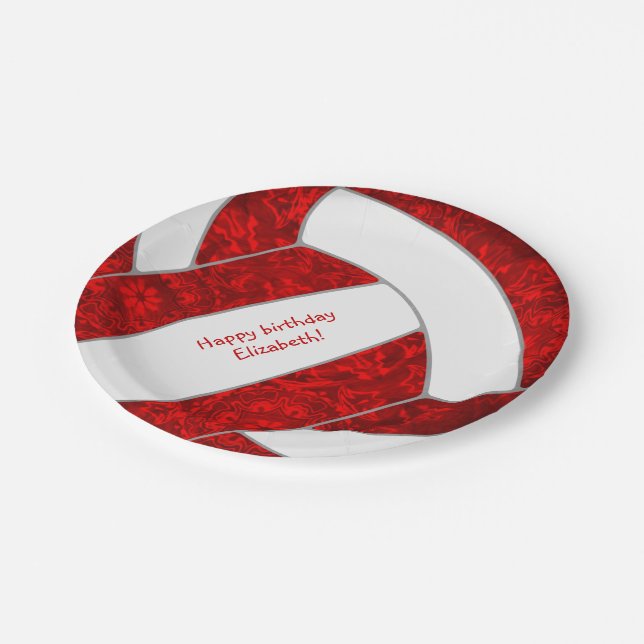 girl's happy birthday party red white volleyball paper plates (Angled)