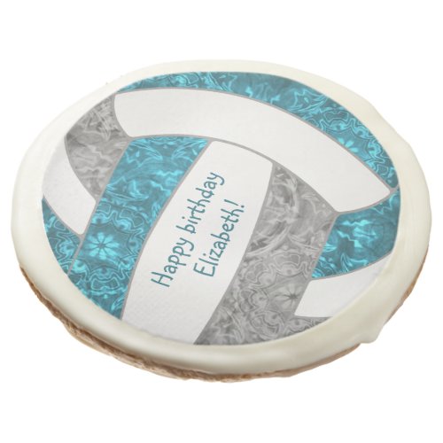 girls happy birthday party teal gray volleyball sugar cookie