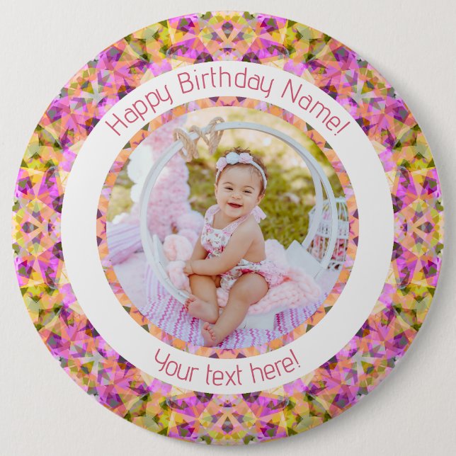 Girls Happy Birthday Summer Pink Star Custom Age Button (Front)