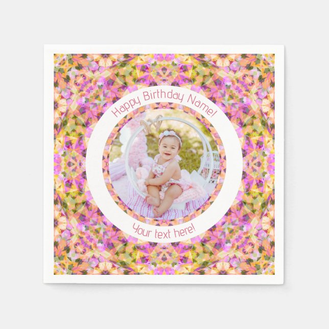 Girls Happy Birthday Summer Pink Star Custom Age Napkins (Front)