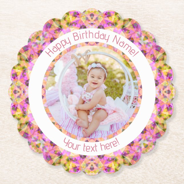 Girls Happy Birthday Summer Pink Star Custom Age Paper Coaster (Front)