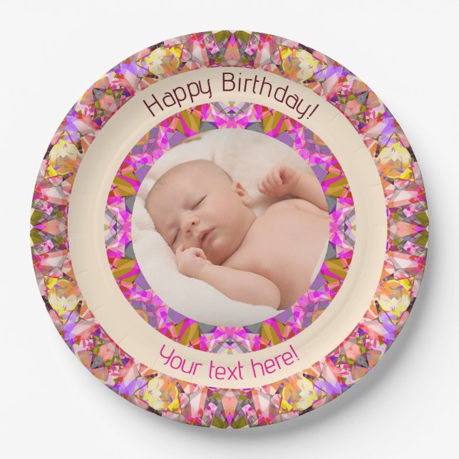 Girls Happy Birthday Summer Pink Star Custom Age Paper Plates (Front)